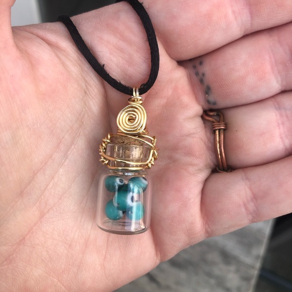 Evil Eye Protection Bottle Necklace Wire Wrapped - Gold Wire - Picture 4 of 12